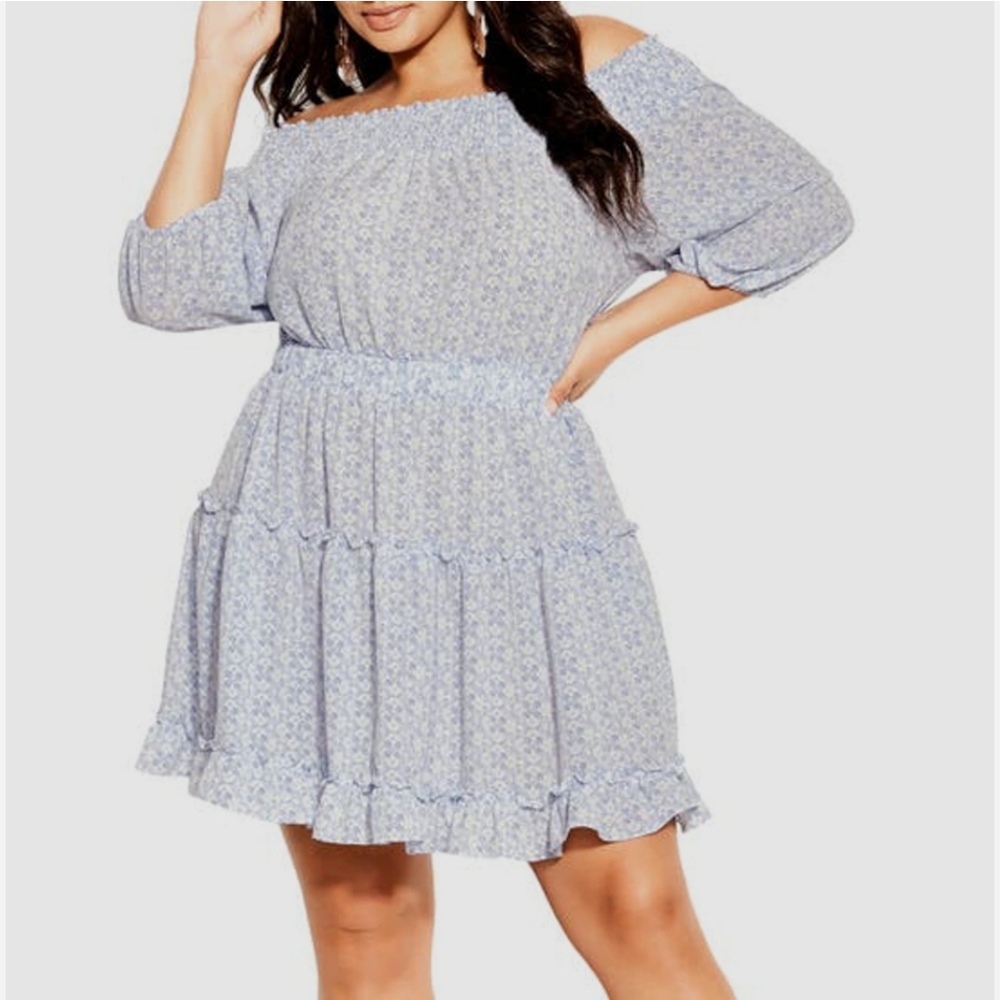 City Chic Blue Off-Shoulder Women's Dress Size 20 With Ruffles